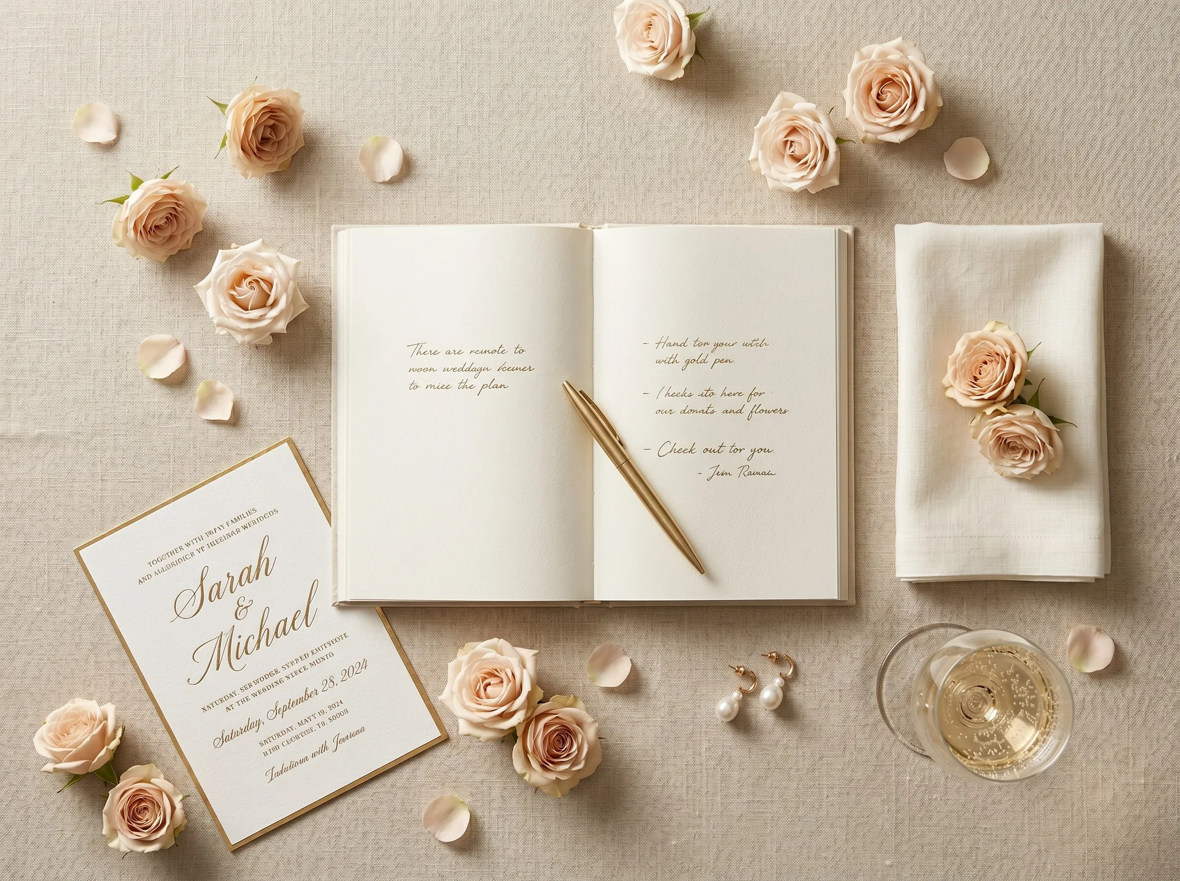 Mesa con libro de firmas, invitación de boda, pluma dorada y rosas color durazno