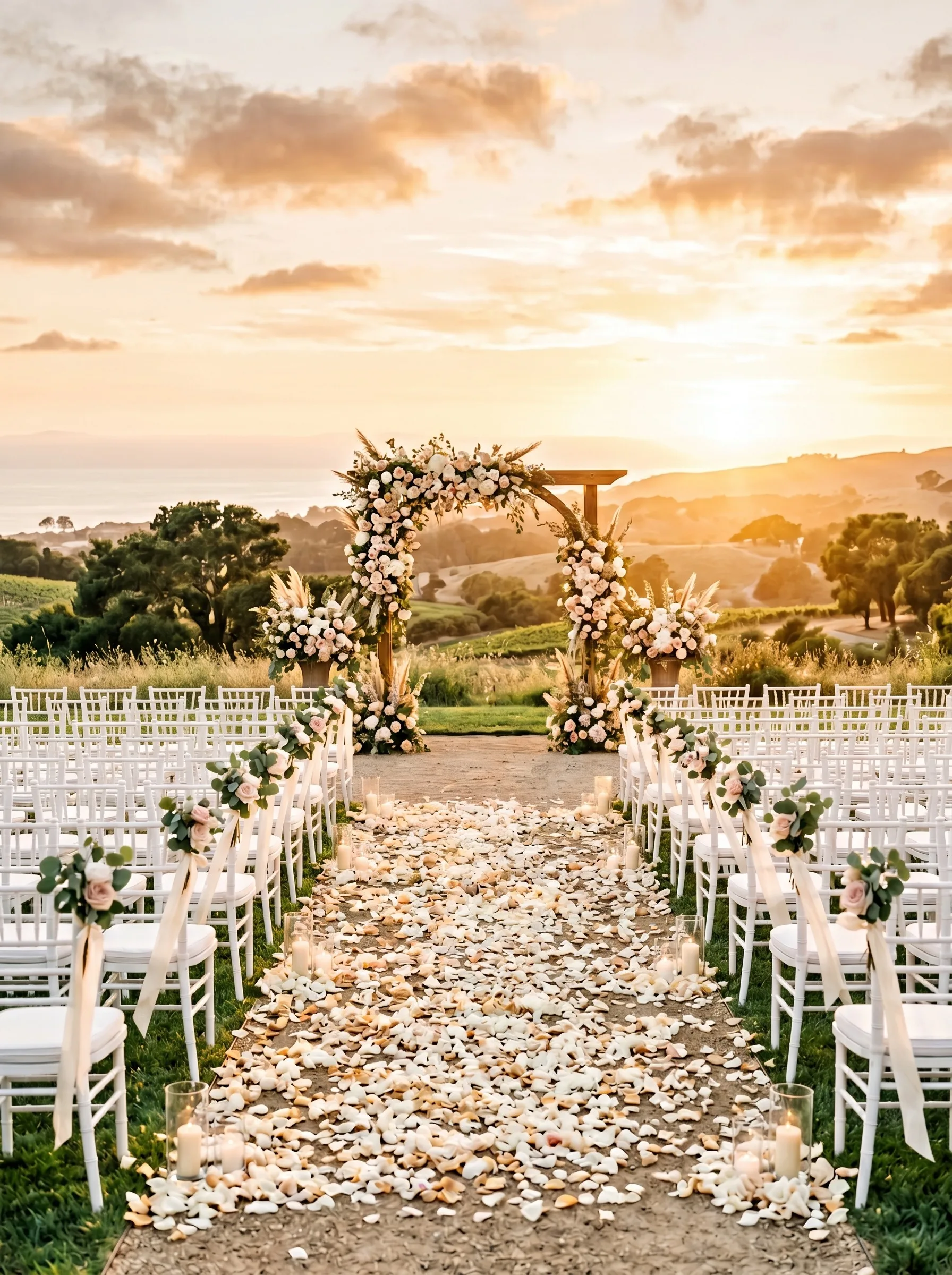 Ceremonia de boda al atardecer con arco floral y pasillo de pétalos sobre viñedos